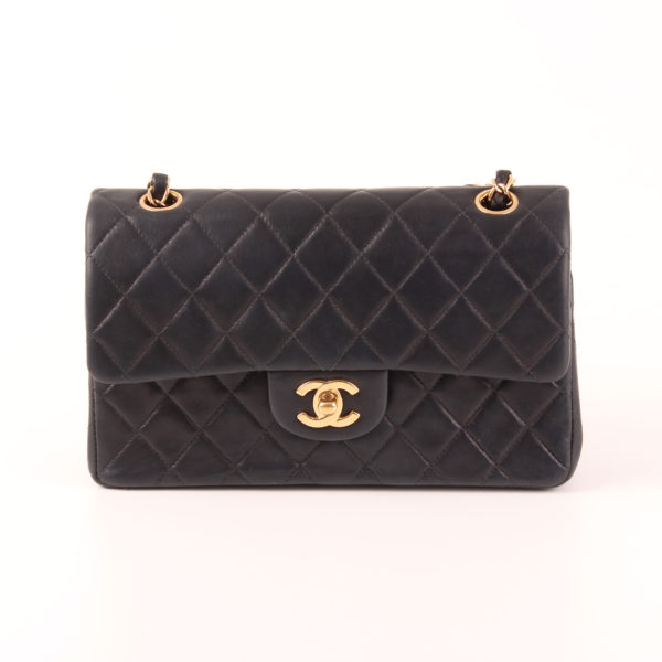 Frontal Image Chanel Timeless Double Flap Bag in navy blue.