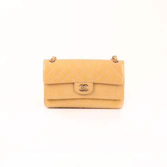 Front image of chanel timeless double flap bag patent leather yellow