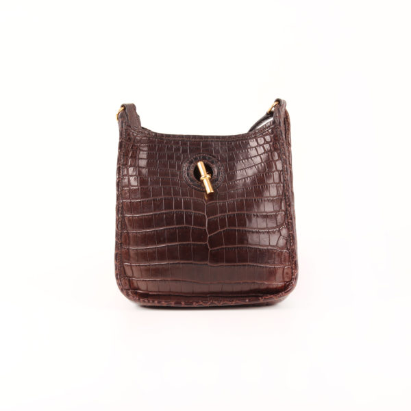 Front image of hermès vespa bag mini crocodile matte nile brown