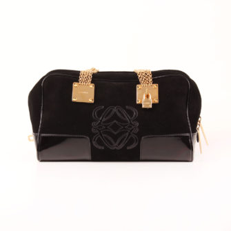Front image of loewe bag amazona 28 special edition suede black golden chain