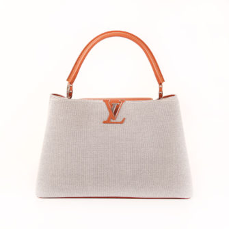 Front image of louis vuitton bag capucines mm mateo leather grey canvas