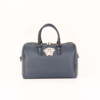 Front image of versace blue duffle bag