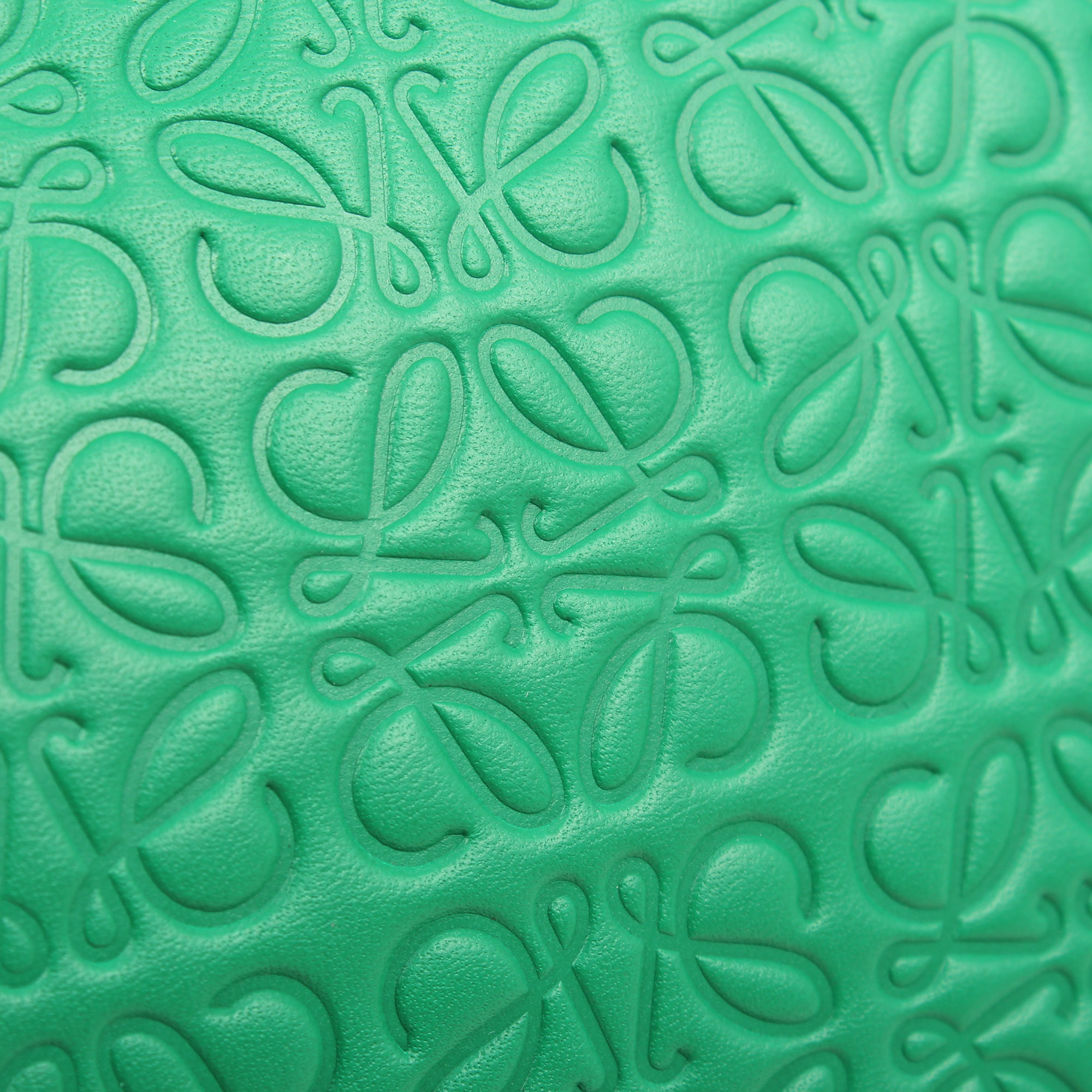Imagen del detalle de la piel del bolso clutch loewe t pouch verde embossed