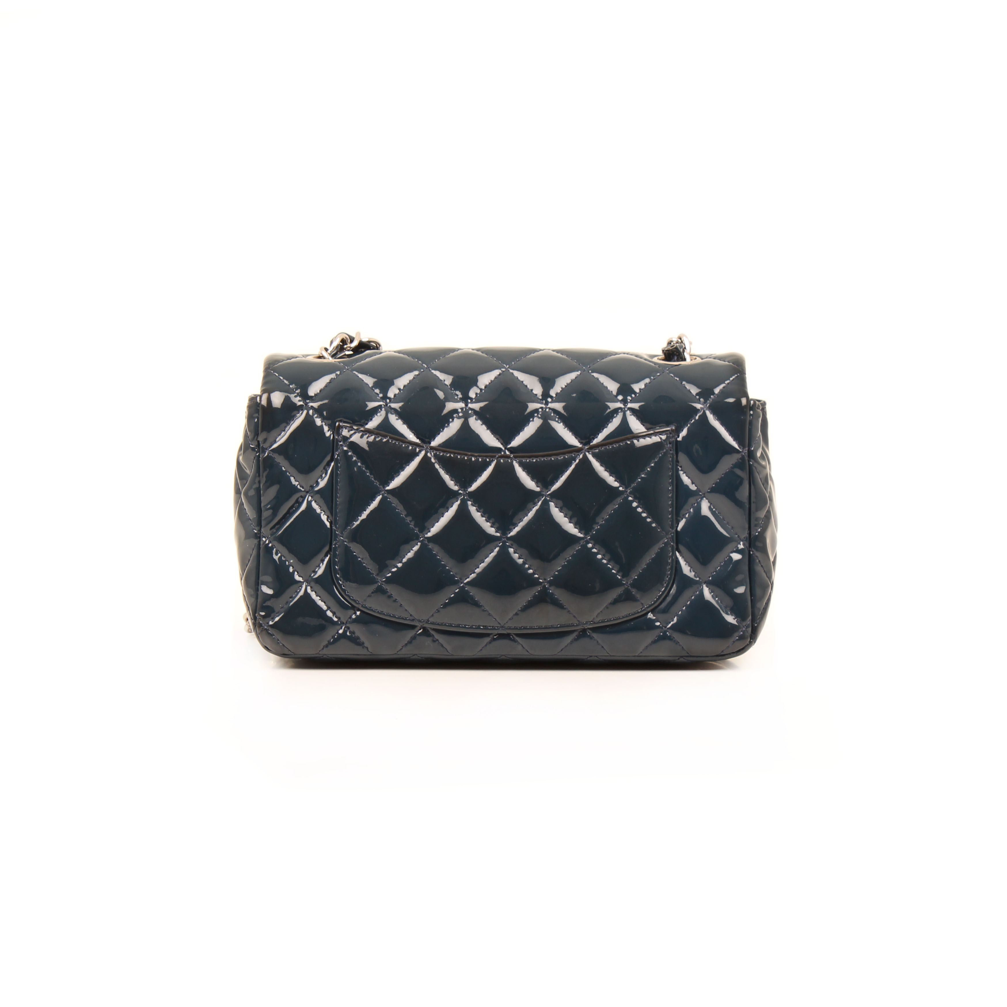 Imagen frontal del bolso chanel classic mini rectangular timeless charol azul