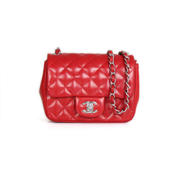 chanel red lambskin leather timeless mini square
